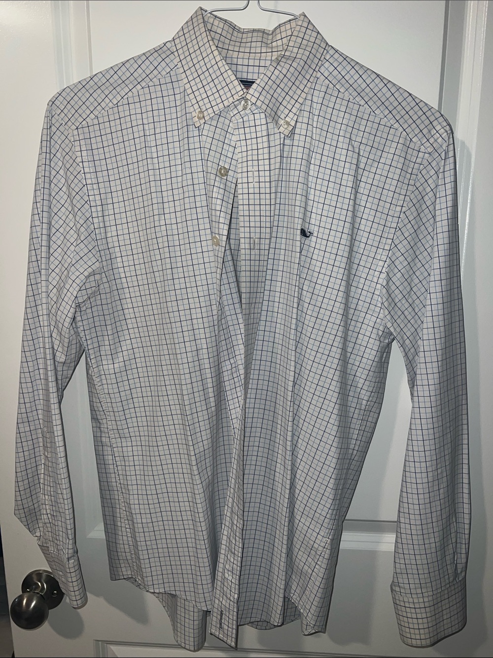 Vineyard Vines White Shirt with Blue Windowpane Check - Men's